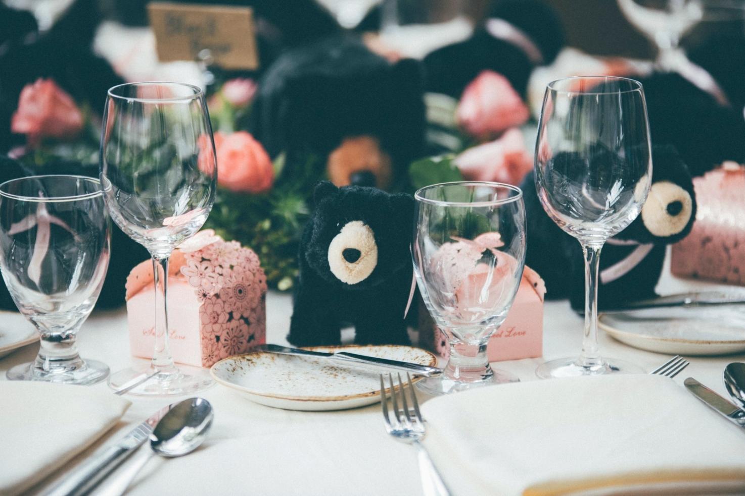 Event catering setup with professional table arrangement and decorations